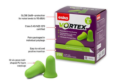 Esko Vortex Foam Earplugs Un-corded Class 5 Box 200 pairs - Kiwi Workgear